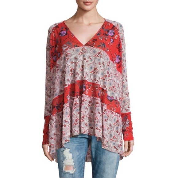 Free People Tops - Free People Isabelle Red Floral Tunic Top Medium